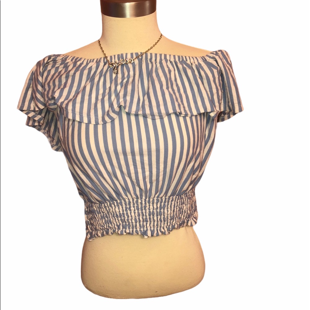 American Eagle Outfitters Blue & White Striped Off-Shoulder Smocked Crop Top